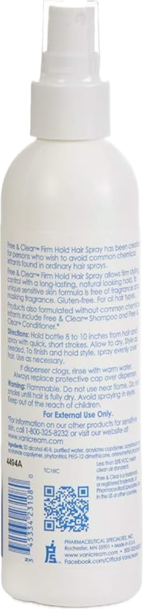Vanicream HAIR STYLING SPRAY for SENSITIVE SKIN 8 fl oz 227g - Supporting ORCRF.org