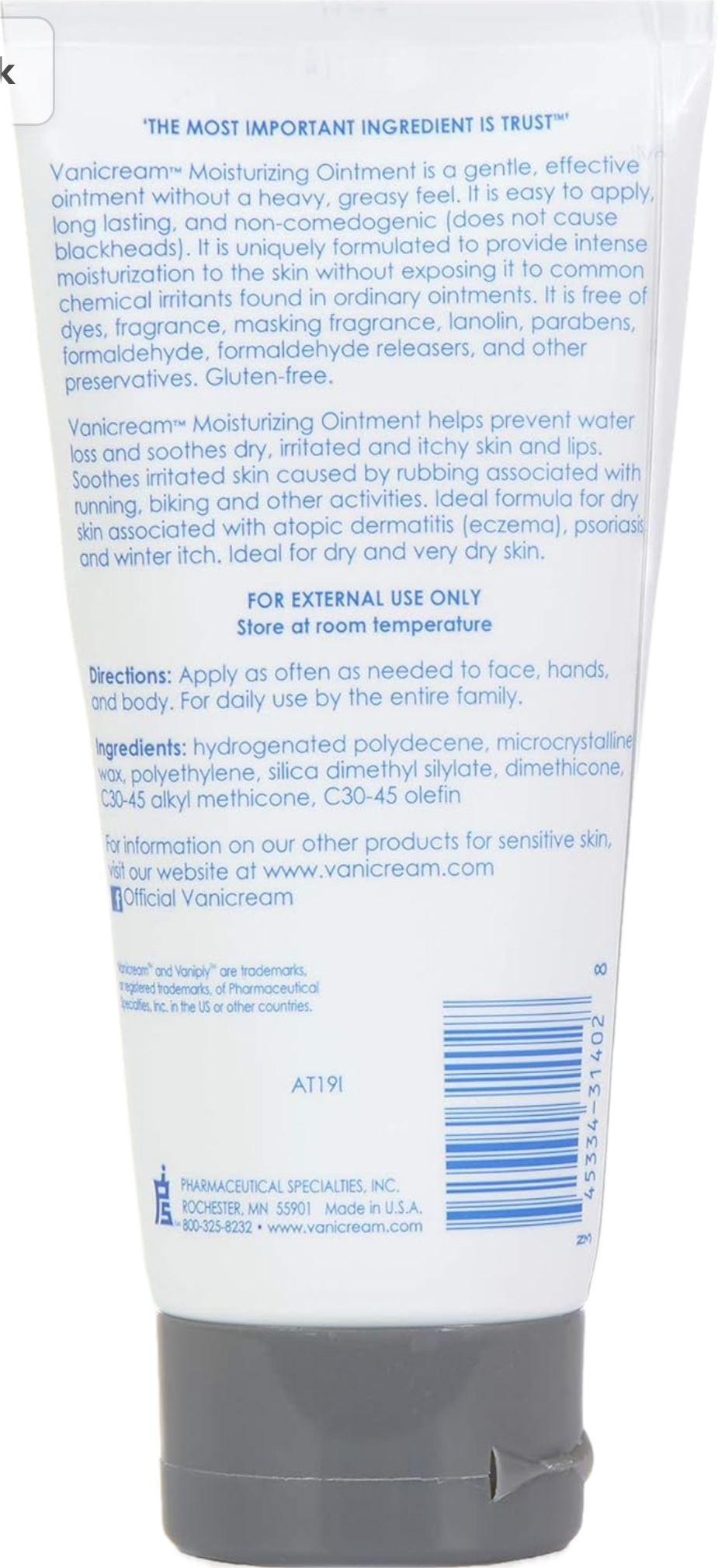 Vanicream MOISTURIZING OINTMENT UNSCENTED for SENSITIVE SKIN 2.5 oz 70g - Supporting ORCRF.org